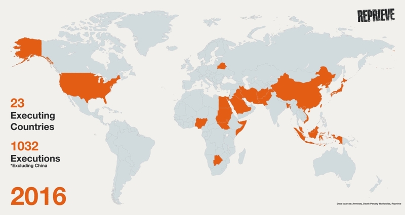Страны, в которых применяли смертную казнь в 2016 году. Источник: reprieve.org.uk