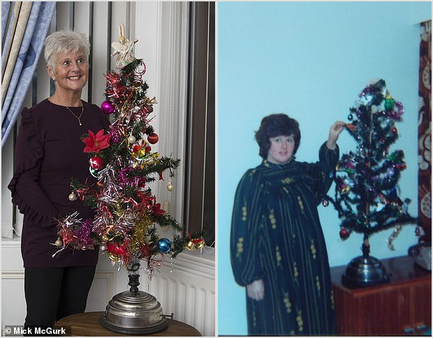 Эйлин Стирлинг с ёлкой. Слева − в 2018 году, справа − в 1976, беременная дочерью Джоанной. Фото: dailymailnews.tk