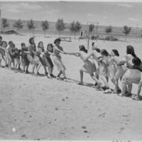Thumb girls at isleta day school in a tug of war  albuquerque  new mexico  1940   nara   519167